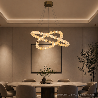 2-Tier Alabaster Globe Ring Chandelier for Dining Room & Foyer